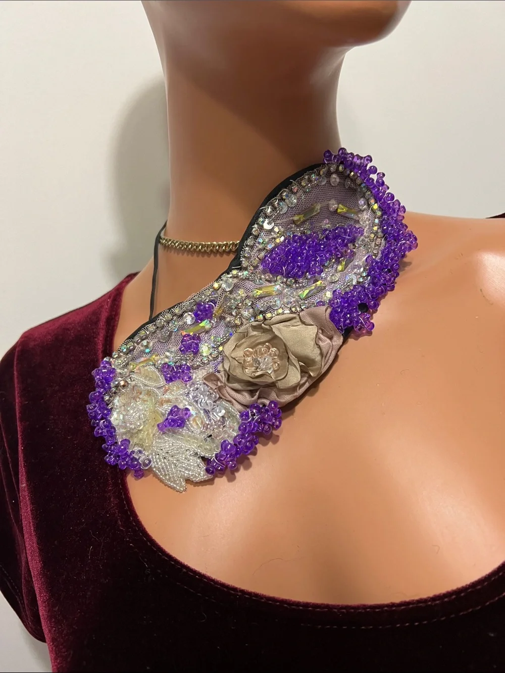 Purple Beaded Decorative Sleep Mask with Champagne Flower Accent